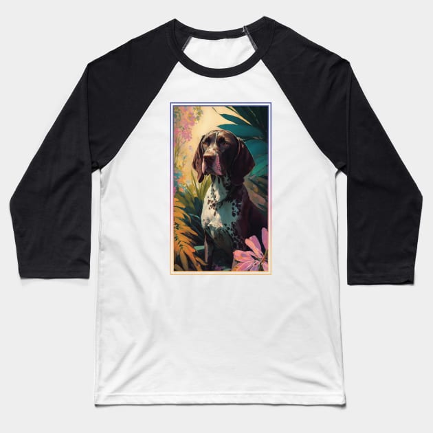 German Shorthair Pointer Dog Vibrant Tropical Flower Tall Digital Oil Painting Portrait Baseball T-Shirt by ArtHouseFlunky